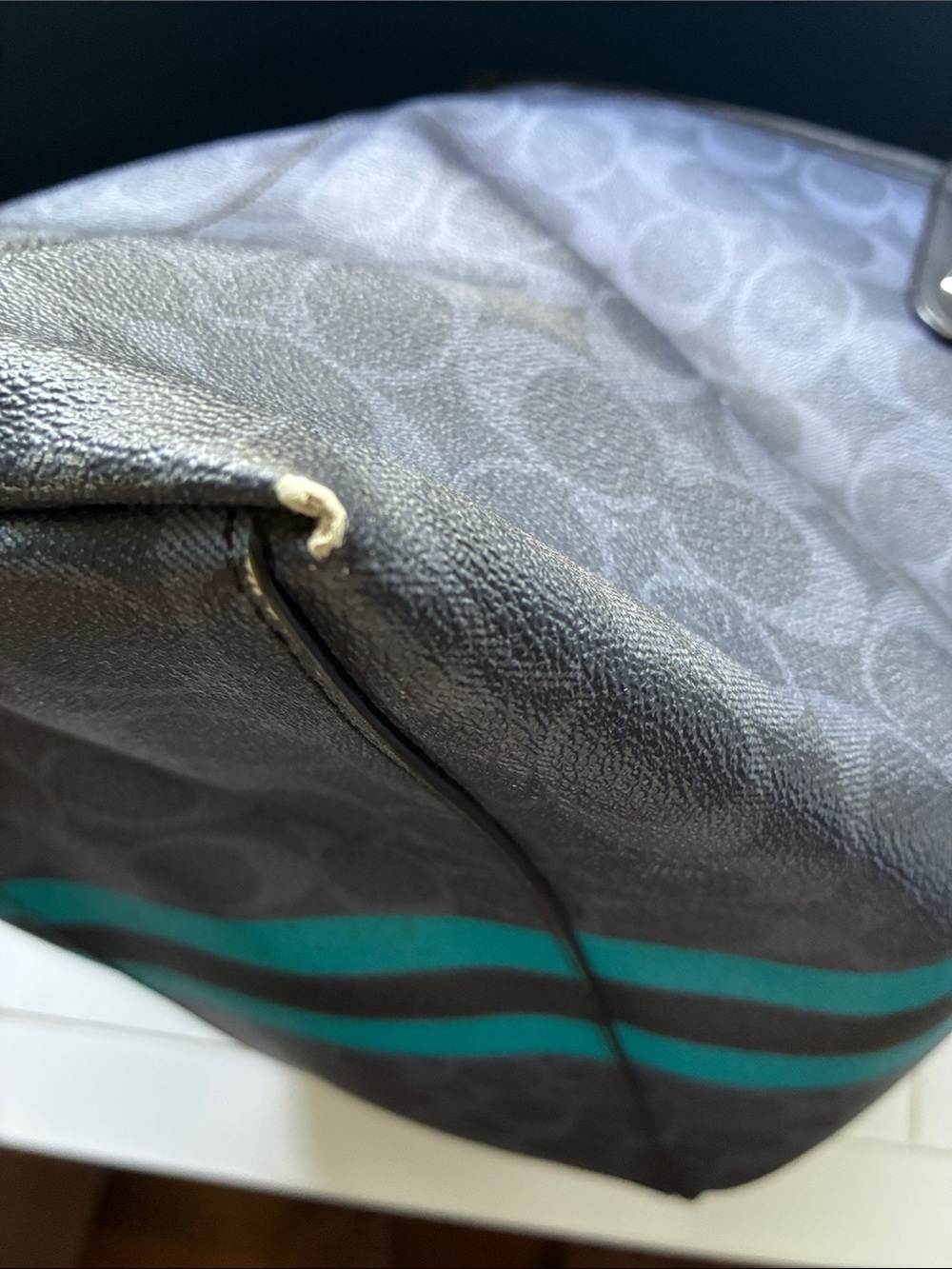 Coach Black Signature Tote with Teal Racing Stripes - Picture 9 of 10